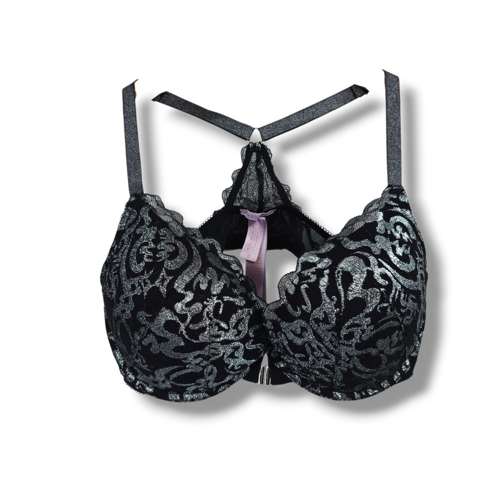 Savage X Fenty Black Silver Metallic Lace Front Close Push Up Bra 38D Racerback